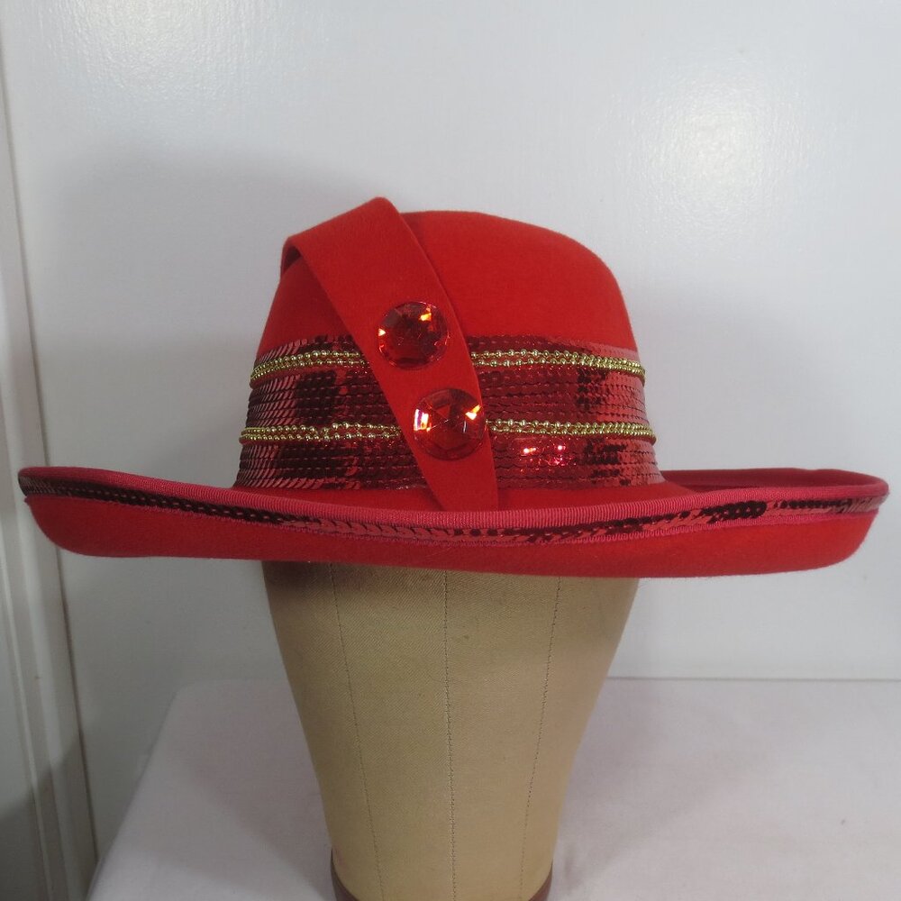 Sonni SF Women's Hat Bright Red Sequined Fancy Wide Brim Wool Felt Size 7 1/4